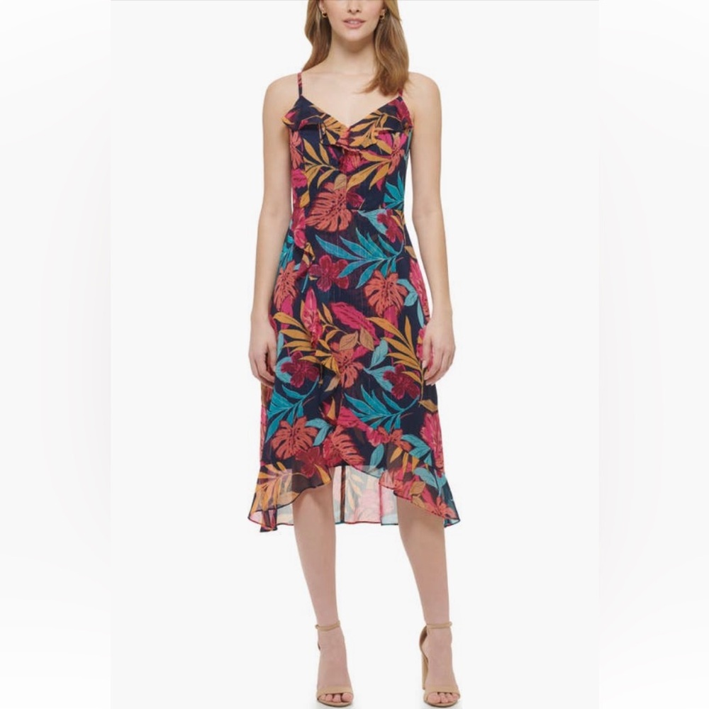 $118 Kensie Tropical Print Shimmery Ruffle Chiffon midi dress, floral. Size 10. - Picture 3 of 16